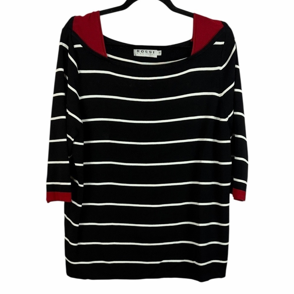 Rossi Classic Striped 3/4 Sleeve Boat Neck Nylon Blend Knit Top XL Black White - Picture 1 of 13